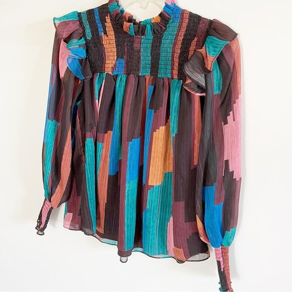 Willa Story Multi Color Ruffle Smocked Cates Blouse - Picture 4 of 7